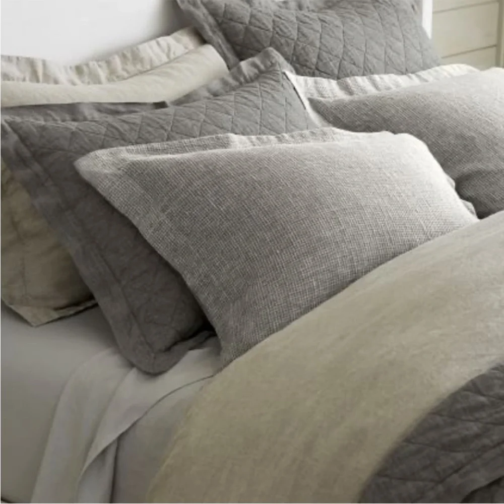 New Set 2 Pottery Barn Belgian Flax Linen Waffle Weave Standard Sham Covers Grey